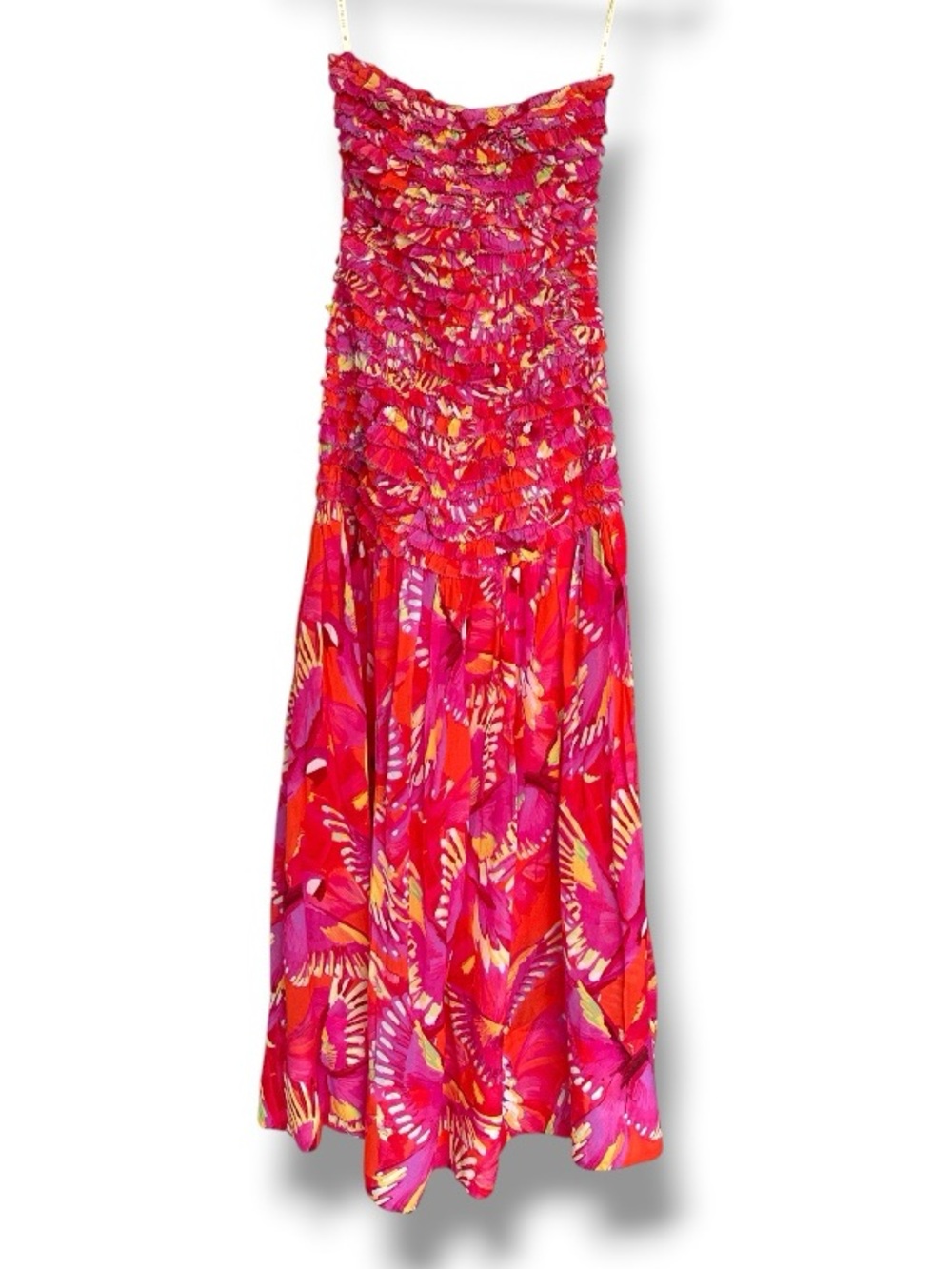 NWT FARM Rio Flying Birds Orange Ruffled Strapless Maxi Dress Size Medium - Picture 3 of 15